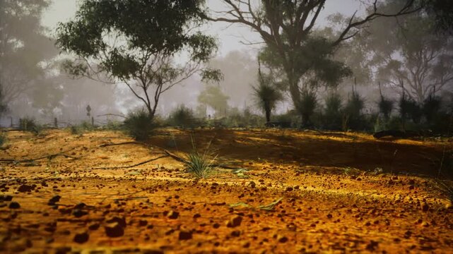 Golden light across arid plain floor, long tree shadows and warm tones sweep over textured soil, lone tree silhouette and expansive horizon suggest ecologist