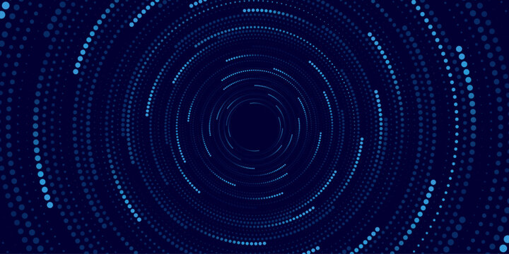 Abstract futuristic background featuring concentric circles made of blue dots arranged in a radial vortex pattern on a dark backdrop. Modern technology design representing data flow. Vector.