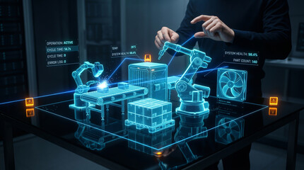 Obraz premium Engineer interacting with glowing 3D holographic digital twin of automated smart factory assembly line featuring robotic arms and data analytics in dark high-tech laboratory setting.
