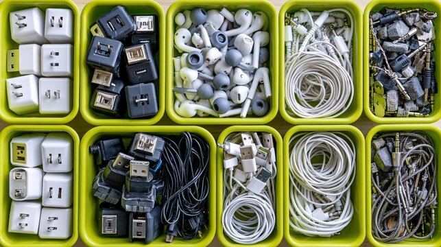 Minimalistic flat lay featuring broken power adapters earphones and USB cables grouped neatly by material type in bright recycling containers soft natural light enhances clean