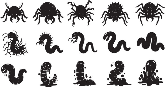Black silhouette collection of creepy monsters including giant spiders, centipedes, predatory worms, and slime creatures isolated on a white background for horror design.