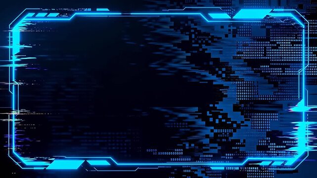 Cyberpunk virtual interface with blue glowing border and pixelated patterns on dark screen