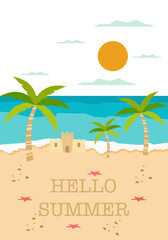 Fototapeta premium Vector flat illustration. Poster with sea and beach. Relaxation concept. Perfect for summer sales.
