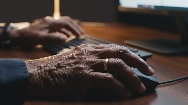 Close-up of hands on computer mouse.