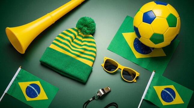 Brazil soccer fan gear and flags on green background