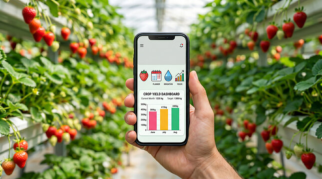 First person perspective of hand holding smartphone with agricultural data app inside brightly lit strawberry greenhouse for smart farming yield monitoring