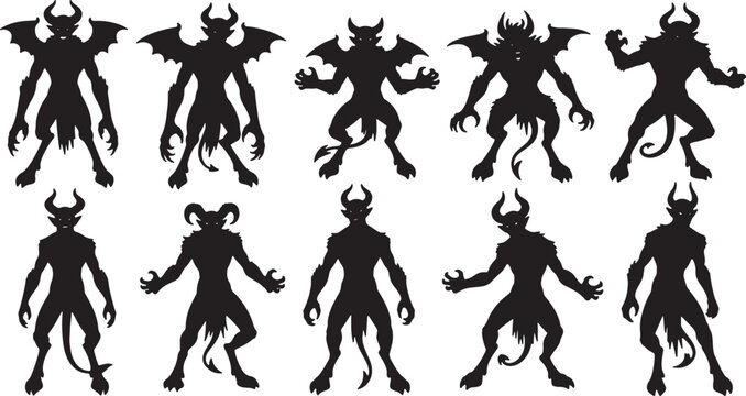 Collection of ten black silhouettes of demonic creatures and devils with horns, wings, and tails. Vector illustration of mythological monsters and underworld spirits on a white background.