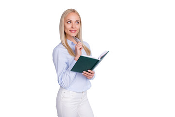 Fototapeta premium Portrait of minded inspired girl work worker hold copybook think thoughts plan her job day touch pen chin wear trousers isolated over gray color background