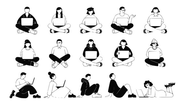 Diverse people using laptops, flat design, education, work, technology concept