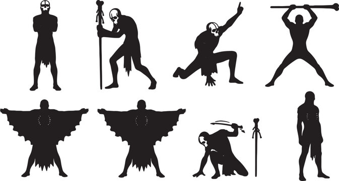 Set of black silhouette illustrations depicting tribal shaman warriors wearing skull masks in various dynamic poses, including figures with winged capes, staves, and ritual weapons.