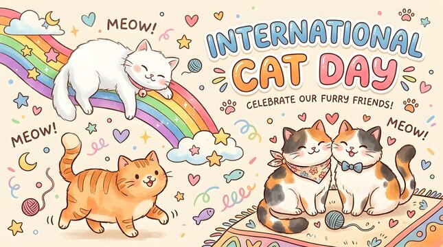International cat day celebration banner with cute cartoon cats and rainbow