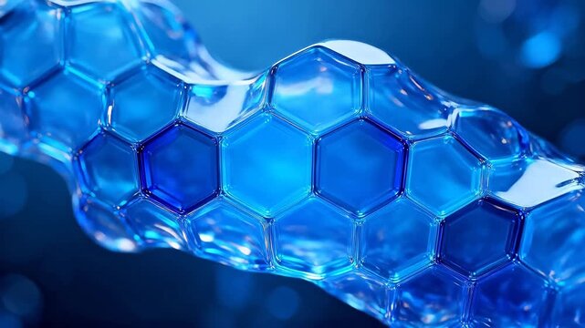 Transparent hexagonal honeycomb structure with blue and cyan glowing edges