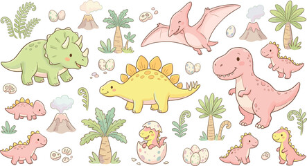 "Playful colorful cartoon vector illustration of cute dinosaurs, volcanoes, palm trees, and prehistoric elements for children’s design" © mstlipibegum