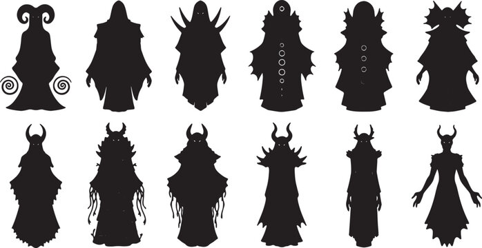Twelve black silhouettes of fantasy characters, including mages, horned demons, and cloaked figures in robes and capes, isolated on white background for game concept design.