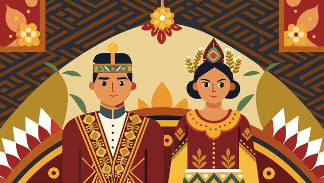 Indonesian Traditional Wedding Couple Wearing Ethnic Cultural Costume Vector Illustration
