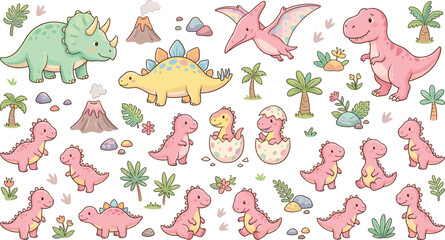 "Playful colorful cartoon vector illustration of cute dinosaurs, volcanoes, palm trees, and prehistoric elements for children’s design" © mstlipibegum