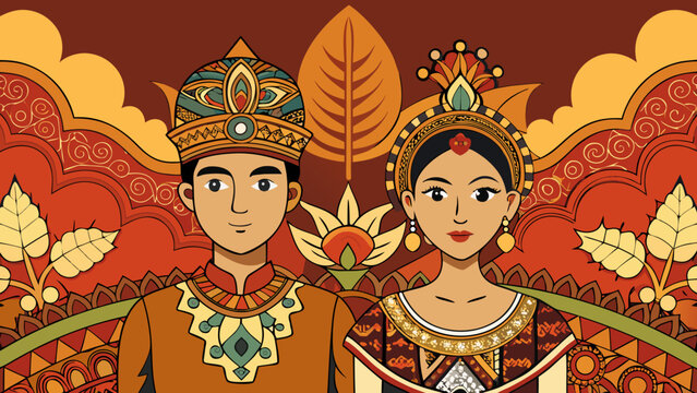Traditional Indonesian royal couple wearing ornate wedding costumes and gold crowns with ethnic batik patterns