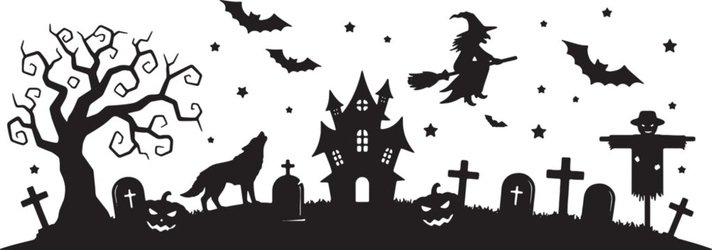 Black silhouette landscape illustration featuring a haunted house, flying witch on broomstick, howling wolf, spooky tree, graveyard with tombstones, and scarecrow on a white background.