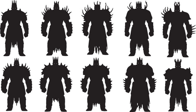 Collection of ten black silhouettes featuring fantasy armored warriors and dark kings with spiked plate armor and jagged crowns, character concept design for game development.