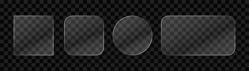 Set of Transparent Glass Plates and Shapes with Glossy Reflections Isolated on Dark Background