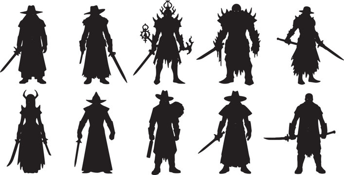 Collection of ten detailed black fantasy character silhouettes featuring armored warriors, mages with staffs, and rogue assassins with swords isolated on a plain white background.