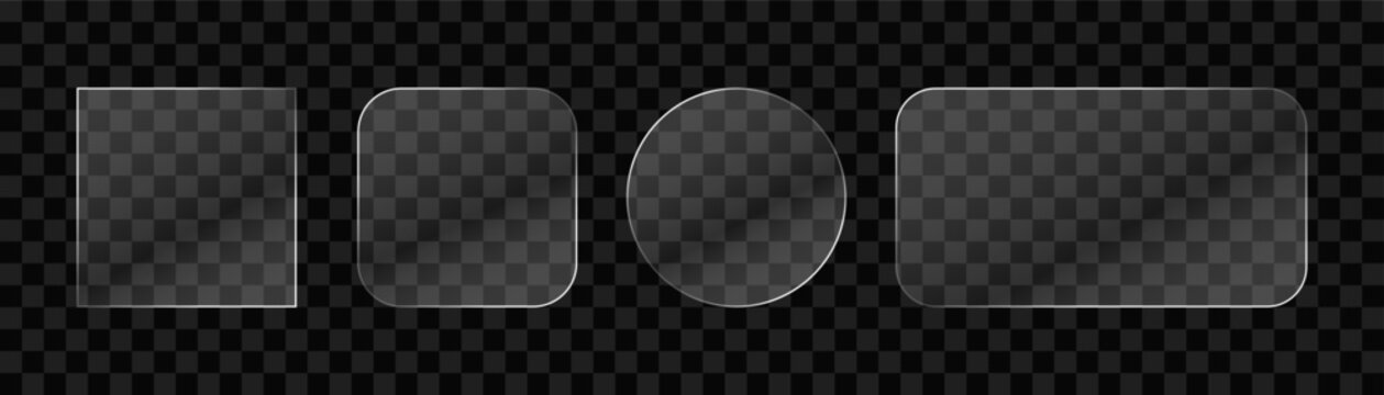 Set of Transparent Glass Plates and Shapes with Glossy Reflections Isolated on Dark Background