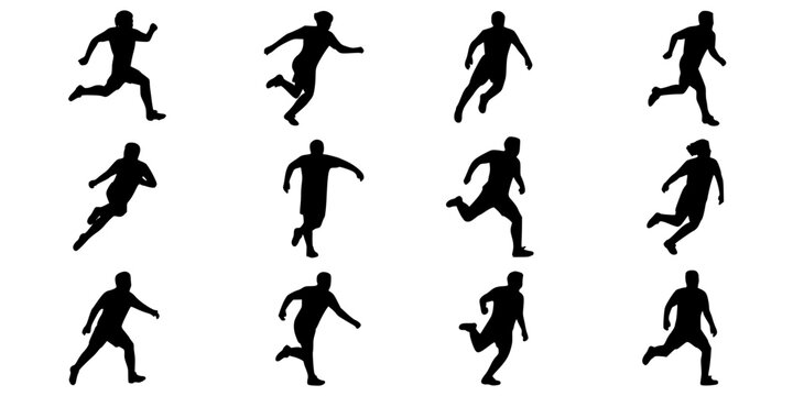 Runners in Various Running Poses Shown as Black Silhouettes on a White Background Featuring Exercise, Fitness, Motion with Action and Sports Elements