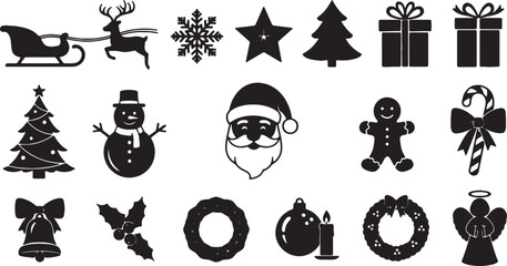 Obraz premium Black Christmas silhouette icons featuring Santa Claus, reindeer, sleigh, snowflake, star, pine trees, gift boxes, snowman, gingerbread man, candy cane, bell, holly, and angel.