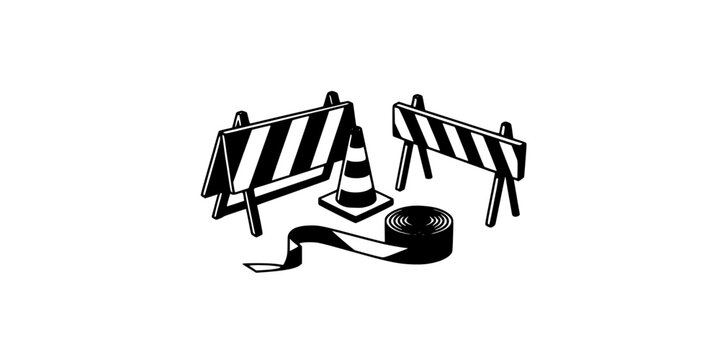 Road Barriers with Caution Tape and a Traffic Cone in a Black and White Illustration Featuring Construction Sign, Warning Sign, Roadblock with Safety