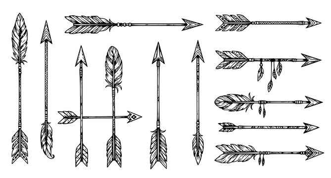 Hand drawn ethnic tribal boho arrows with feathers set for rustic wedding invitation decoration tattoo and logo vector illustration