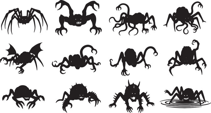Collection of twelve black monster silhouettes featuring creepy alien creatures, spider-like beasts with tentacles, sharp claws, and pincers isolated on a white background.