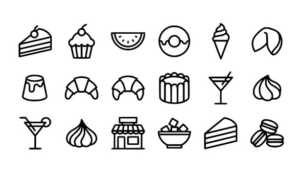 Sweet desserts bakery cafe products candy and pastry line icons set for dessert menu outline vector illustration