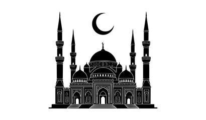 Islamic mosque silhouette vector graphic with minarets crescent moon and dome for ramadan and eid holiday designs © Kulsum