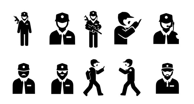 Security guard and military officer silhouette icon set featuring protection patrol surveillance law enforcement and defense vectors