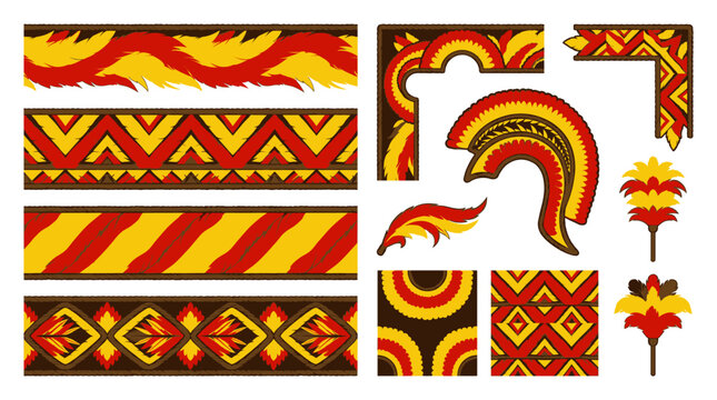 Hawaiian Featherwork Kahili Royal Border Frame Vector Set with Yellow Red Feather Pattern Crescent Cape Helmet Geometric Mosaic Chevron Diamond and Pacific Heritage Design