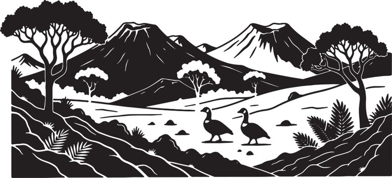 Black and white silhouette illustration of a mountain landscape featuring two birds walking through a valley with volcanoes, scattered trees, and foreground fern foliage.