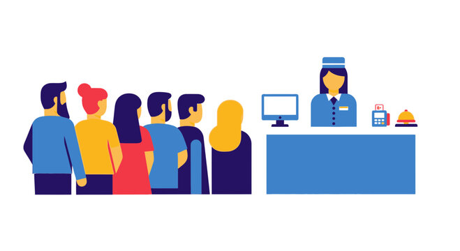 People Queueing at Hotel Reception Desk with Staff Member