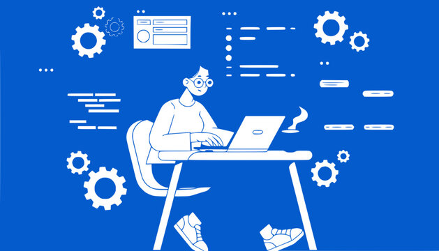 Programmer Working on Laptop Surrounded by Code and Gears - Digital Illustration