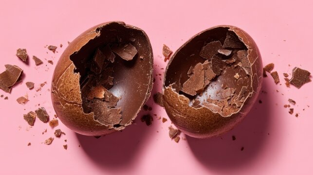 Broken chocolate easter egg shell pieces scattered on pink background from overhead view showing hollow interior and rich dark texture for holiday celebrations and dessert concepts.
