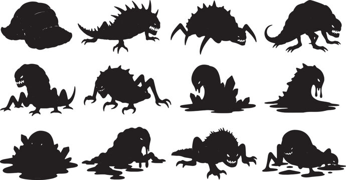 Collection of twelve unique black monster and creature silhouettes, featuring spiky lizards, multi-legged insectoids, amorphous slime beasts, and mutant aliens isolated on white.