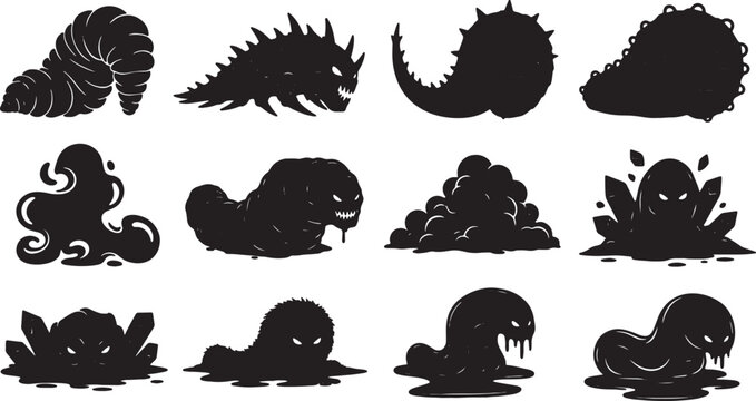 Collection of twelve black silhouette illustrations featuring fantasy monsters, larvae, slime creatures, and alien beasts with spikes, crystals, and dripping textures on white background.