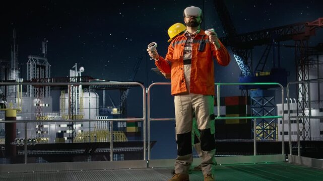 Drilling ship engineer using VR headset to search sea petrol reserves during oil crisis while offshore platform expert runs virtual reality simulations to circumvent blockade, for energy operations.