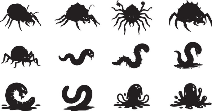 Collection of twelve black silhouette illustrations featuring creepy-crawly monsters, alien arachnids, parasitic worms, leeches, and slime creatures isolated on white background.
