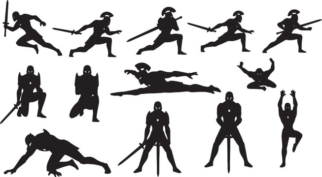 Collection of black silhouettes depicting ancient warriors and gladiators in various action poses including sword fighting, lunging, jumping, and kneeling on a white background.
