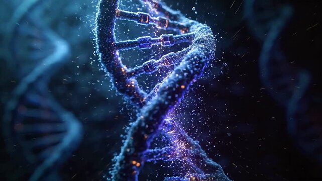 Sci-fi DNA double helix structure with blue purple molecules and orange particles