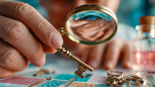 Intense scrutiny: Hand holding magnifying glass over ornate key, seeking answers