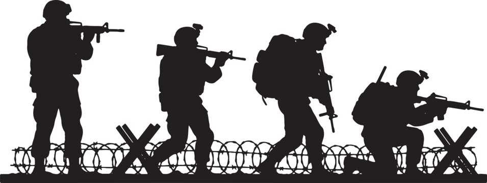 Silhouette illustration of a group of four soldiers with rifles, helmets, and backpacks moving past barbed wire fencing and tank traps, representing military defense or combat operations.