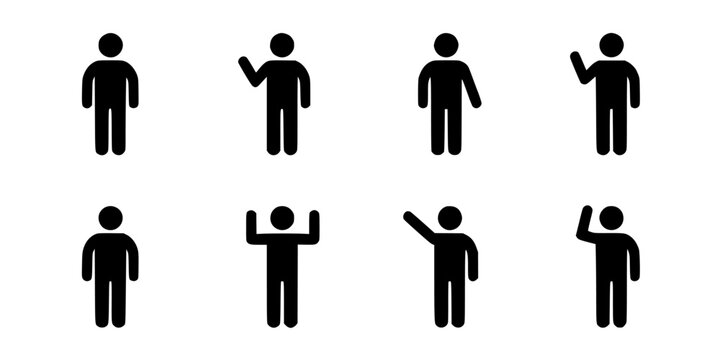 Man Pictogram Set in Black Silhouettes on White Background, Including Standing, Hand on Hip, Running, and Waving Gestures