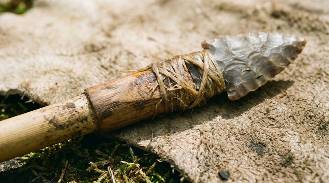 Close-Up Handmade Stone Arrowhead Attached to Wooden Shaft on Rough Fabric