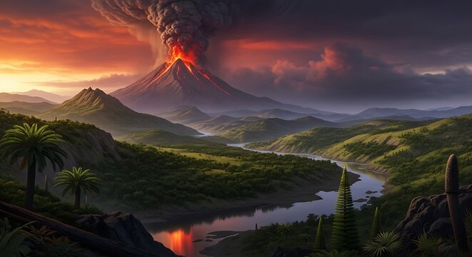 Dramatic volcanic eruption landscape with river and lush vegetation.